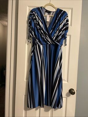 Lane Bryant Blue, White & Black Striped Faux-Wrap Midi Dress